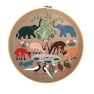 Vintage Safari Animal Hand Embroidery Hoop Wall Art Crewel Savanna